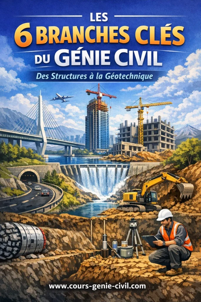 Branches du génie civil image Schéma illustrant les branches principales du génie civil.