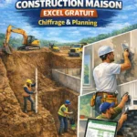 Illustration d’un chantier de construction moderne montrant une fouille profonde sécurisée et une fondation en cours de réalisation.