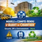 Illustration d’un modèle de compte-rendu d’audit de chantier mettant en lumière les aspects sécurité, équipements de protection et protection de l’environnement sur un site de construction.