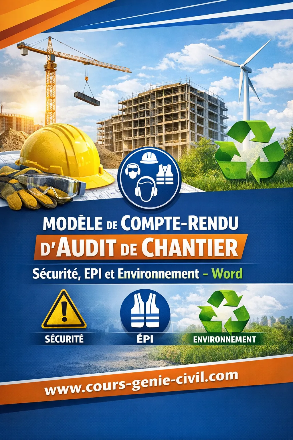 Illustration d’un modèle de compte-rendu d’audit de chantier mettant en lumière les aspects sécurité, équipements de protection et protection de l’environnement sur un site de construction.