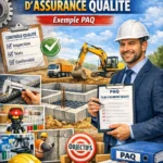 Plan d’assurance qualité ouvert sur un bureau de chantier BTP avec stylo et casque de sécurité