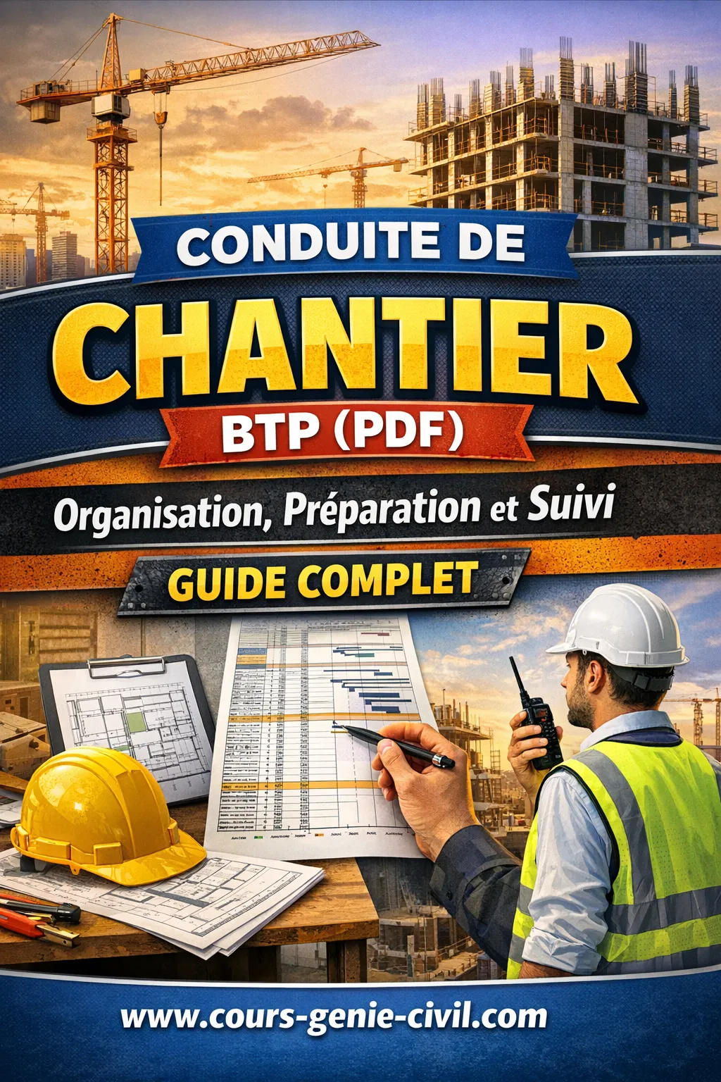 Équipe de professionnels BTP organisant un chantier avec plans techniques et outils de suivi.