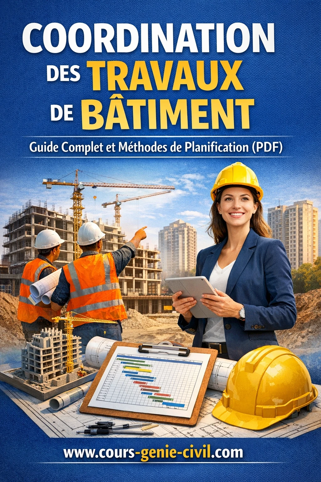 Illustration d’un planning de chantier montrant la coordination des travaux de bâtiment avec diagrammes de planification et équipe sur site.
