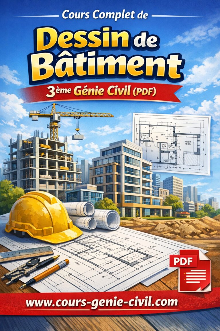 Illustration du cours complet de dessin de bâtiment en génie civil avec plans techniques et outils de représentation.