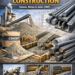 Illustration de matériaux de construction avec ciment, béton armé et acier sur un chantier de génie civil moderne.