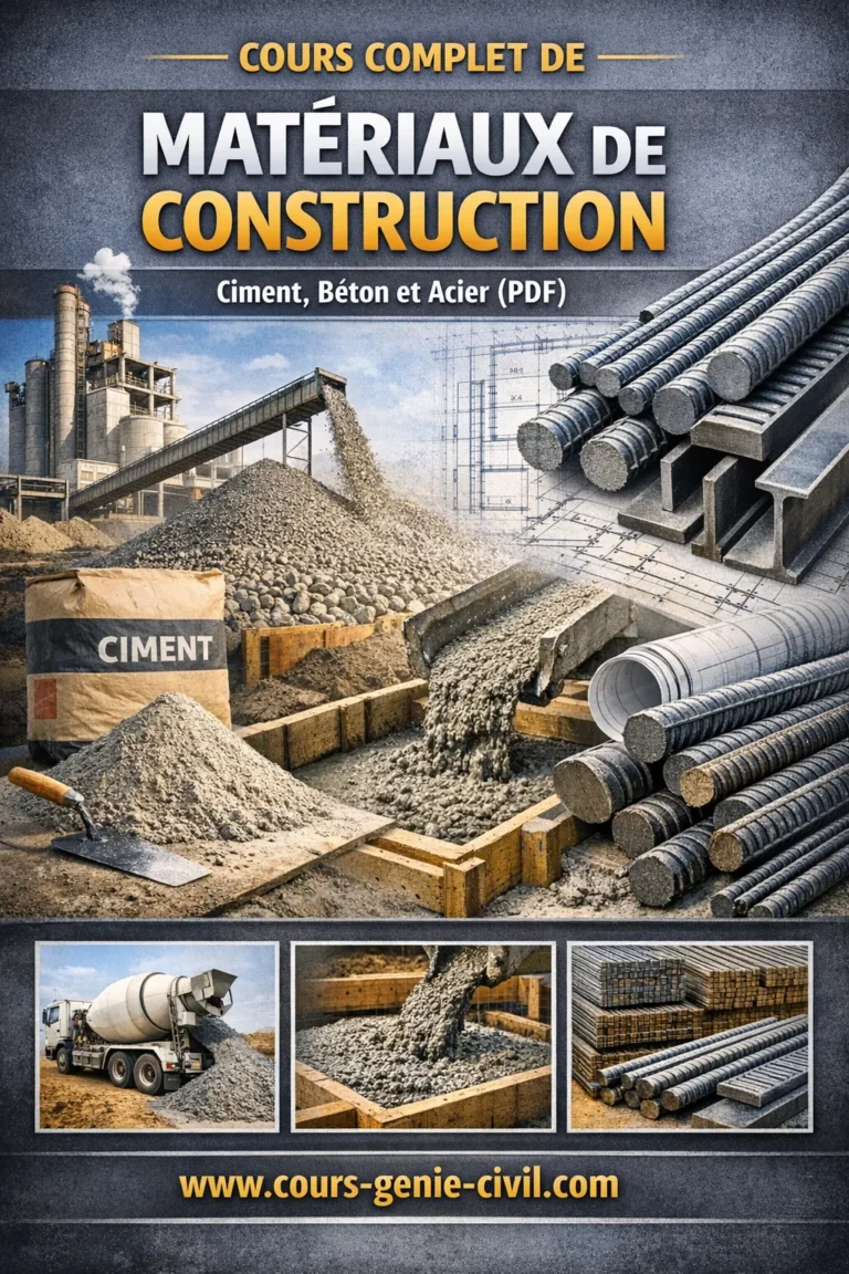 Cours Complet de Matériaux de Construction : Ciment, Béton et Acier (PDF) 1 Illustration de matériaux de construction avec ciment, béton armé et acier sur un chantier de génie civil moderne.