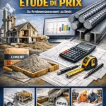 Illustration moderne d’un cours complet de métré et étude de prix en génie civil avec plans de bâtiment, formules techniques et tableau de devis.