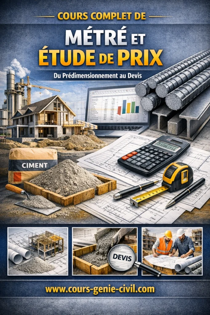 Cours Métré et Étude de Prix PDF – Prédimensionnement, descente des charges et estimation des coûts en bâtiment. Illustration moderne d’un cours complet de métré et étude de prix en génie civil avec plans de bâtiment, formules techniques et tableau de devis.