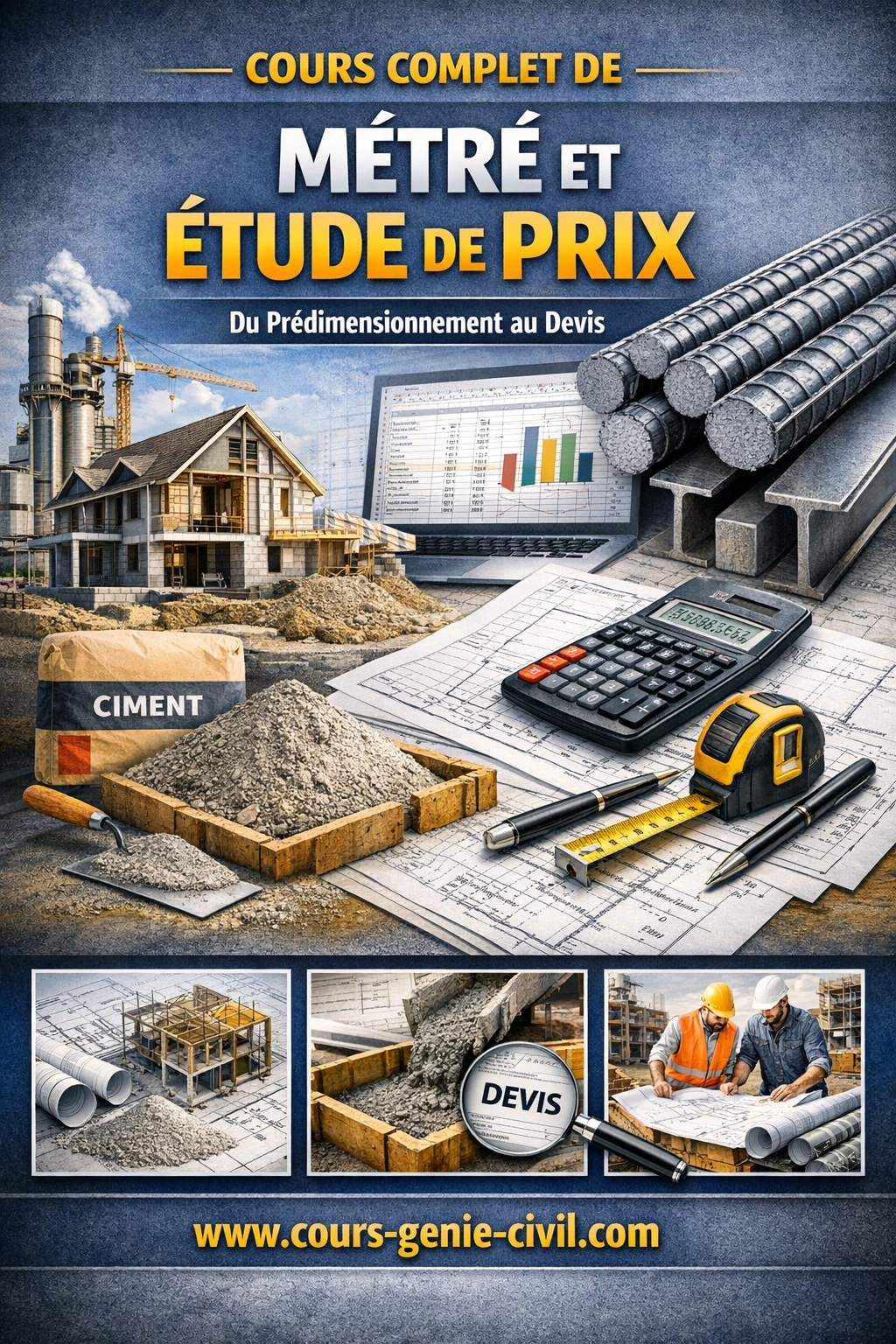 Illustration moderne d’un cours complet de métré et étude de prix en génie civil avec plans de bâtiment, formules techniques et tableau de devis.