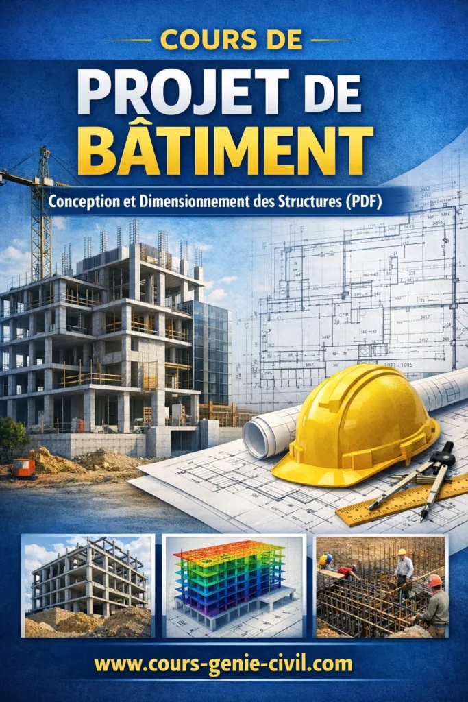 Illustration d’un bâtiment moderne en cours de conception et dimensionnement structurel avec plans techniques superposés