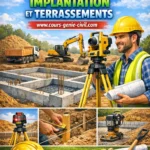 Chantier de construction montrant les étapes des fondations, implantation et terrassements sur terrain préparé.