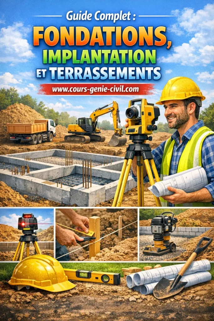 Chantier de construction montrant les &eacute;tapes des fondations, implantation et terrassements sur terrain pr&eacute;par&eacute;.