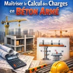 Illustration représentant un ingénieur en train de réaliser le calcul des charges sur un plan de structure en béton armé avec schémas de descente de charge.