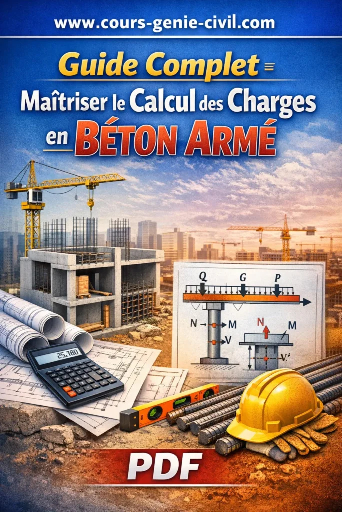 Illustration représentant un ingénieur en train de réaliser le calcul des charges sur un plan de structure en béton armé avec schémas de descente de charge.