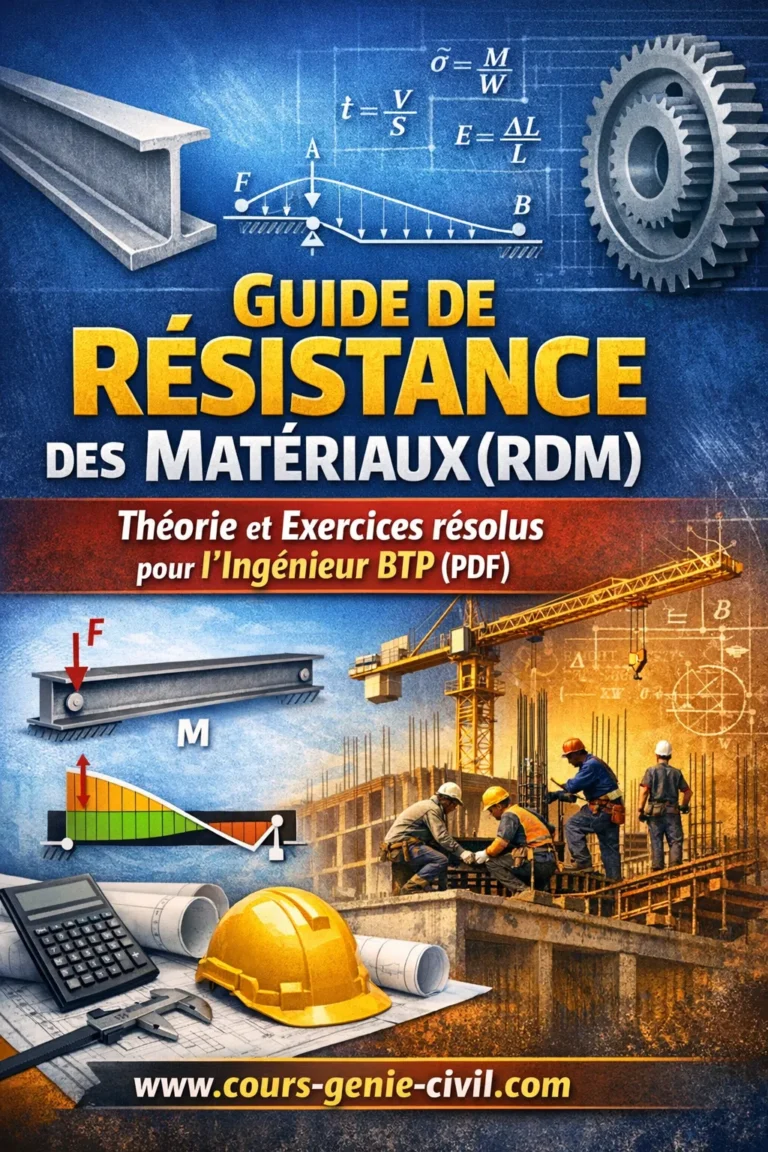 Image de couverture représentant un guide moderne de résistance des matériaux pour le BTP, avec un fond technique bleu et blanc, des schémas de sections de poutres, des formules mathématiques et le titre du guide en évidence.
