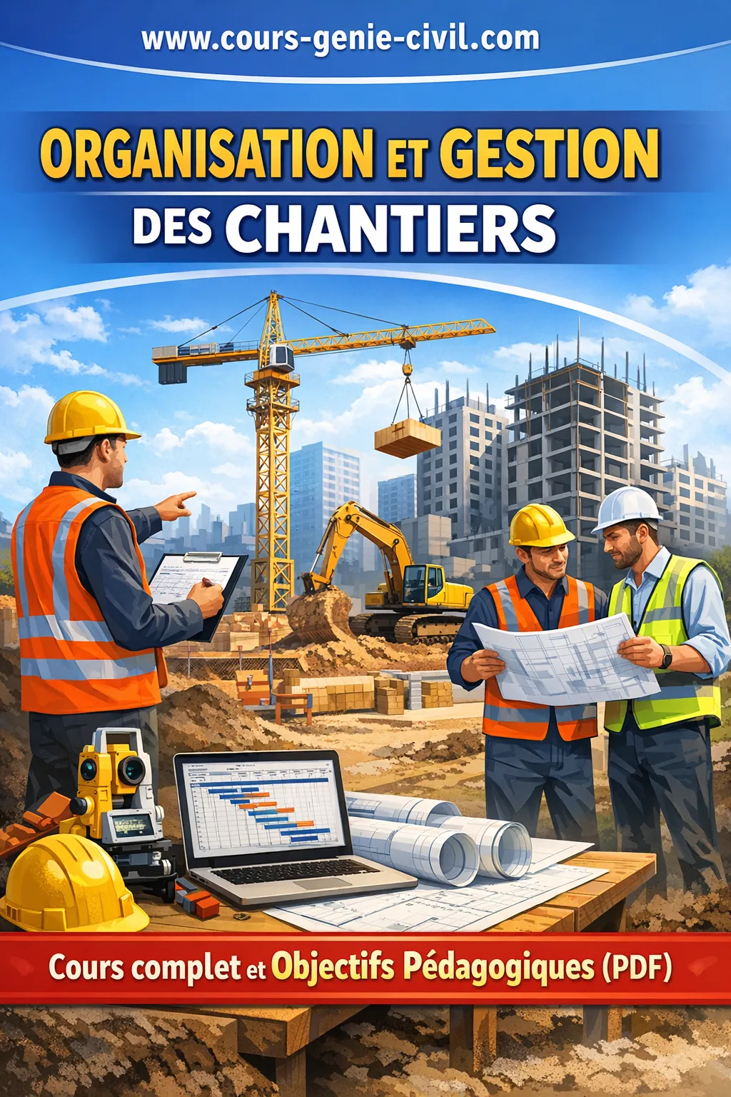 Ingénieur civil examinant un plan d'installation de chantier sur un site de construction BTP avec une grue en arrière-plan.