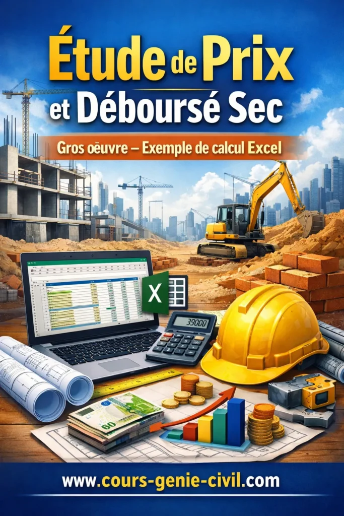 Étude de Prix et Déboursé Sec gros œuvre – Exemple de calcul Excel 1 Tableau Excel étude de prix et déboursé sec gros œuvre avec calculs détaillés pour un projet de construction