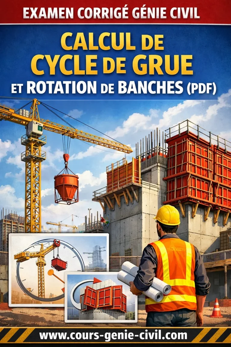 Examen Corrigé Génie Civil : Calcul de Cycle de Grue et Rotation de Banches (PDF) 1 Illustration d’un chantier BTP avec grue à tour en action, banches de coffrage sur un voile en béton armé et schéma de rotation journalière pour optimiser les travaux de structure.