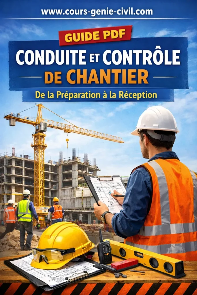Couverture du guide PDF sur la conduite et le contrôle de chantier BTP, illustrant un chef de chantier supervisant une équipe sur un site de construction moderne