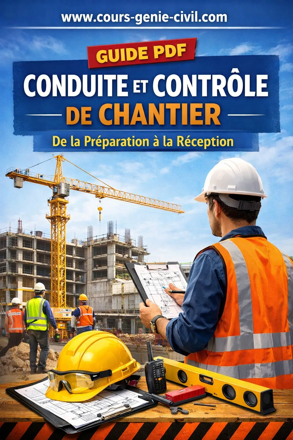 Couverture du guide PDF sur la conduite et le contrôle de chantier BTP, illustrant un chef de chantier supervisant une équipe sur un site de construction moderne