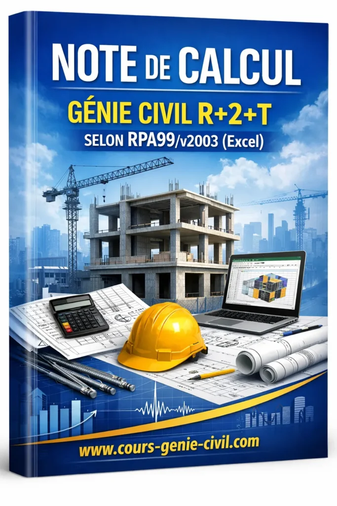 « Capture d’écran d’un fichier Excel professionnel de note de calcul génie civil montrant les onglets de dimensionnement sismique RPA99, ferraillage et vérifications structurelles pour un bâtiment R+2+T. »