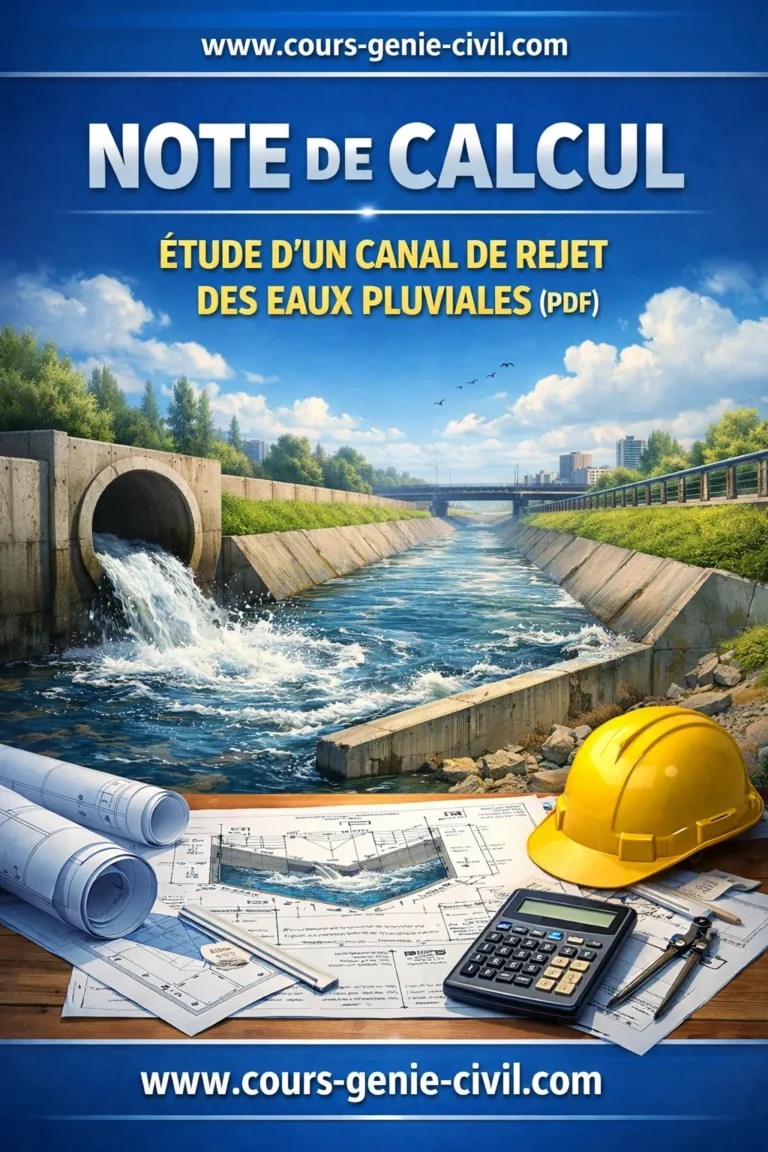 Schéma technique d’un dalot en béton armé pour canal de rejet des eaux pluviales avec bassin de décantation.