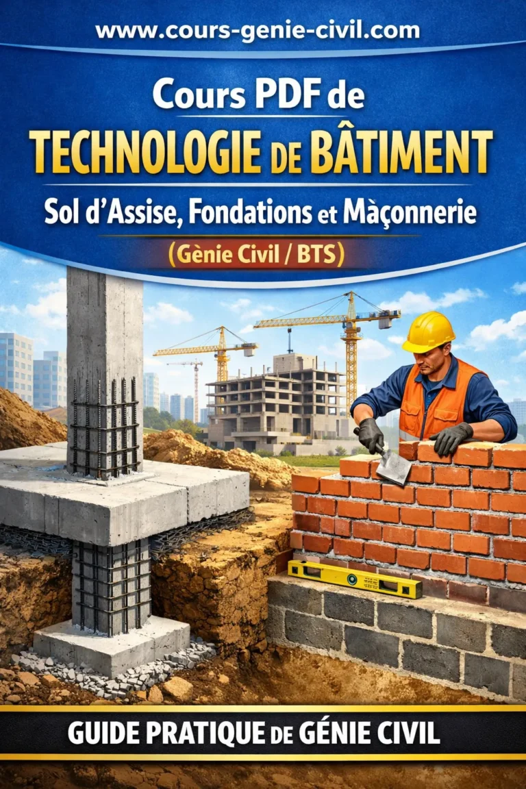 Illustration d’un chantier de construction montrant les fondations d’un bâtiment en cours de réalisation avec semelles en béton armé, sol d’assise préparé et maçonnerie de façade en élévation, représentant les principes de technologie du bâtiment en génie civil.