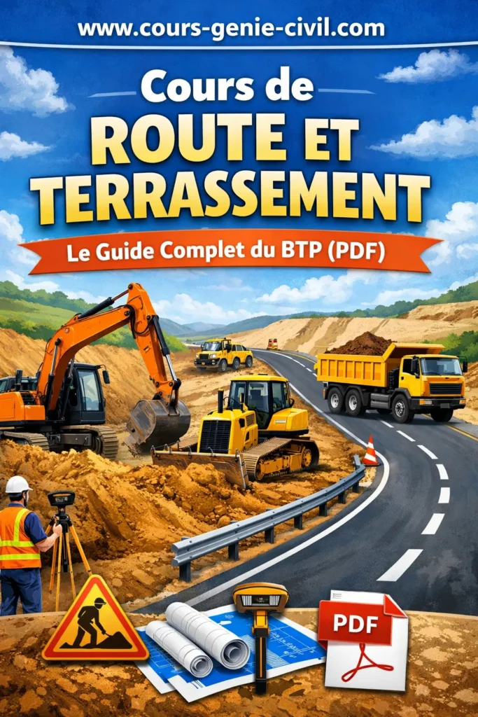 Illustration moderne d’un chantier routier avec engins de terrassement, camions et superposition des couches de chaussée sur sol naturel, représentant les fondamentaux du BTP en génie civil.
