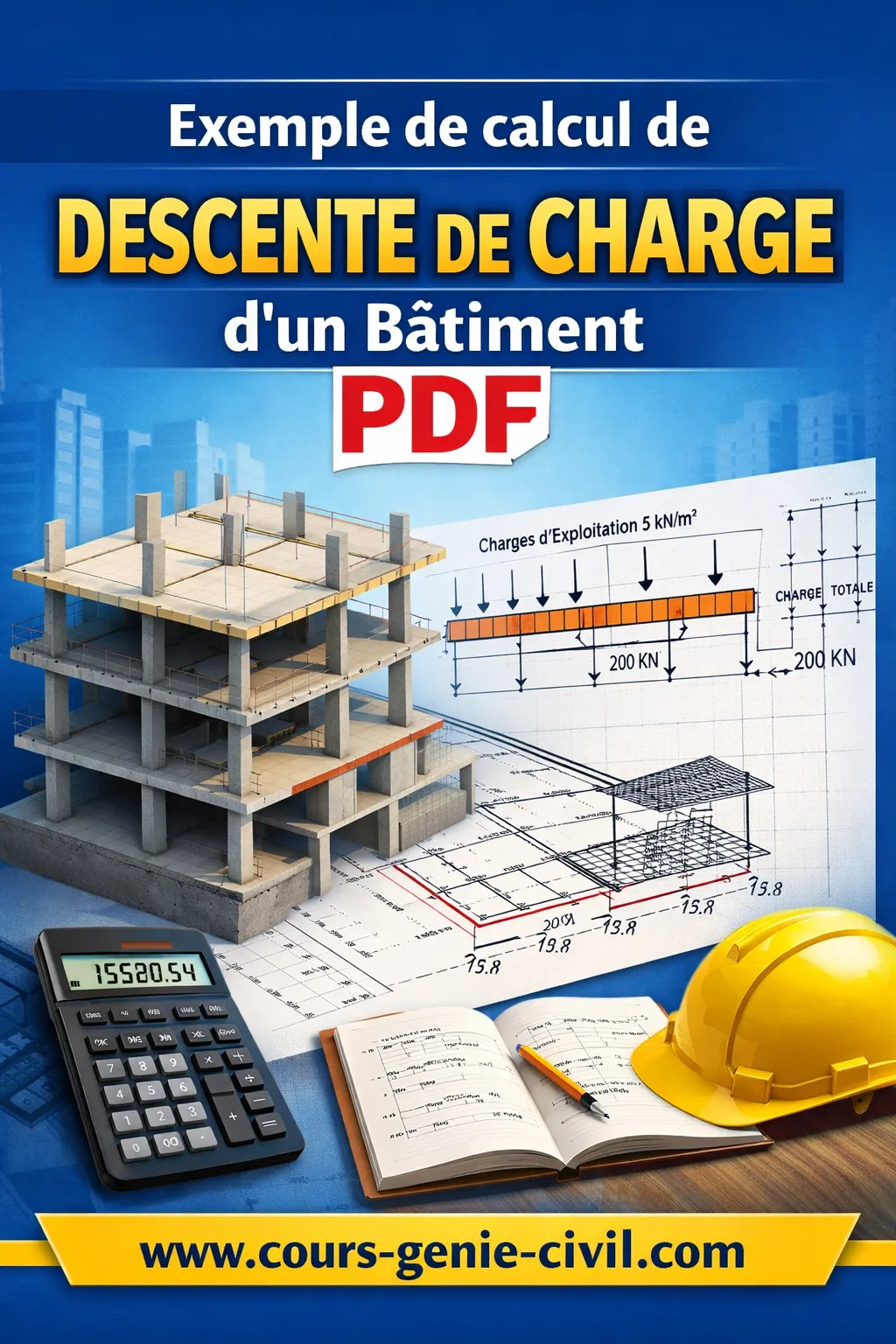 Exemple visuel calcul descente de charge bâtiment R+3 avec surfaces d’influence des poteaux
