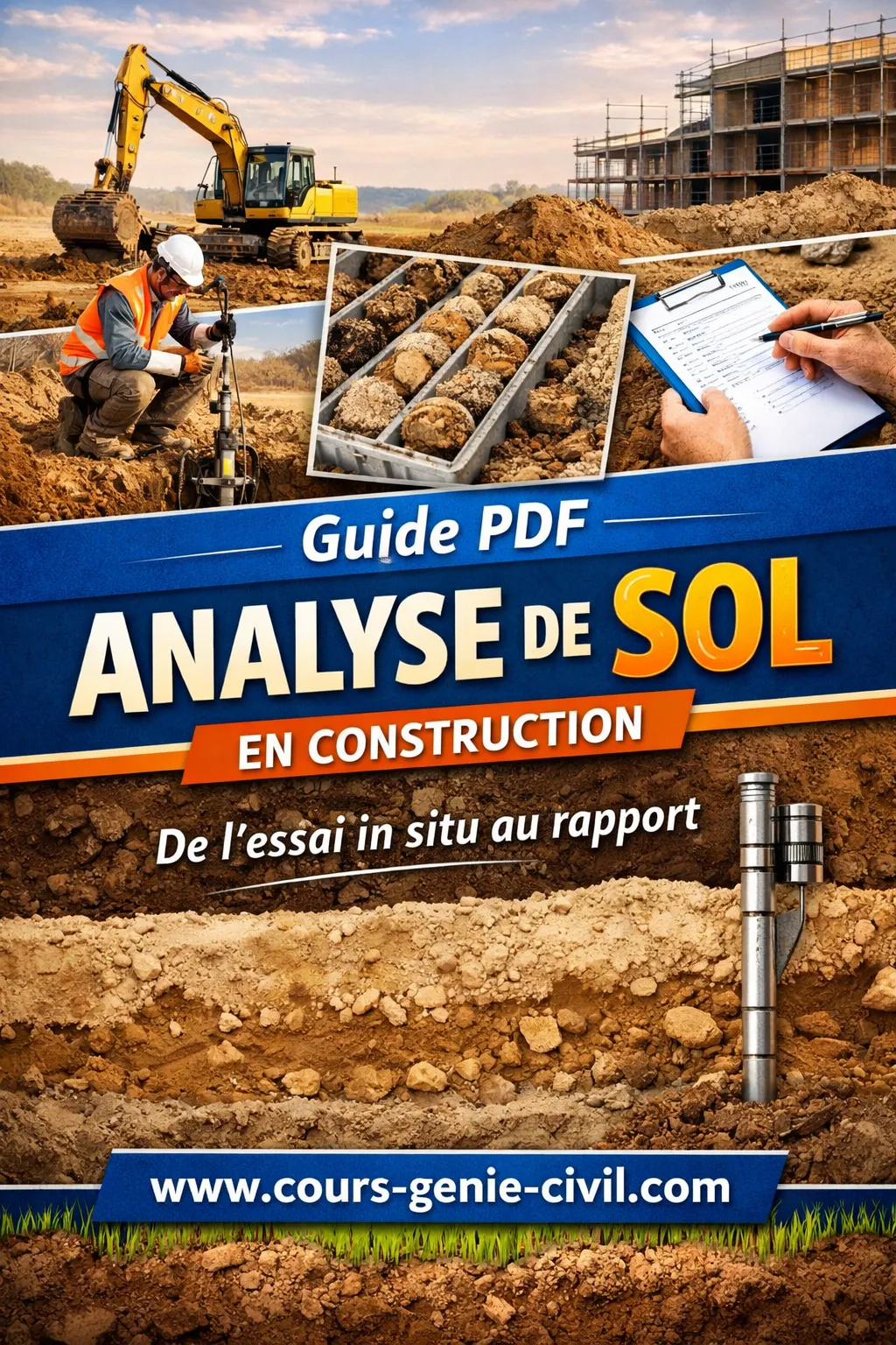 Technicien effectuant un essai de pénétration du sol sur un chantier de construction extérieur.