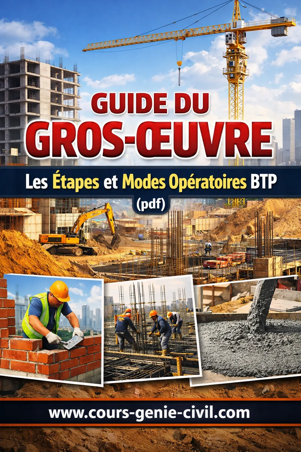 Image illustrant un chantier de construction en phase gros-œuvre avec terrassement, implantation de chaises et fondations en cours sur un terrain BTP, outils de maçonnerie et plans architecturaux en superposition.