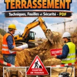 Illustration d’un chantier de terrassement avec pelle mécanique creusant une fouille sur un terrain en préparation de construction.