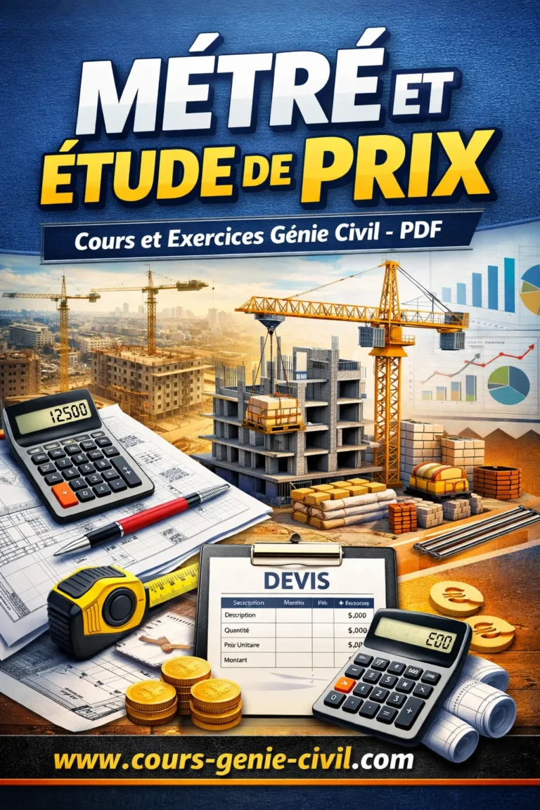 Illustration représentant un ingénieur génie civil consultant un plan de chantier avec des tableaux de calcul de métré et d’étude de prix, entouré d’outils de construction et de documents techniques.