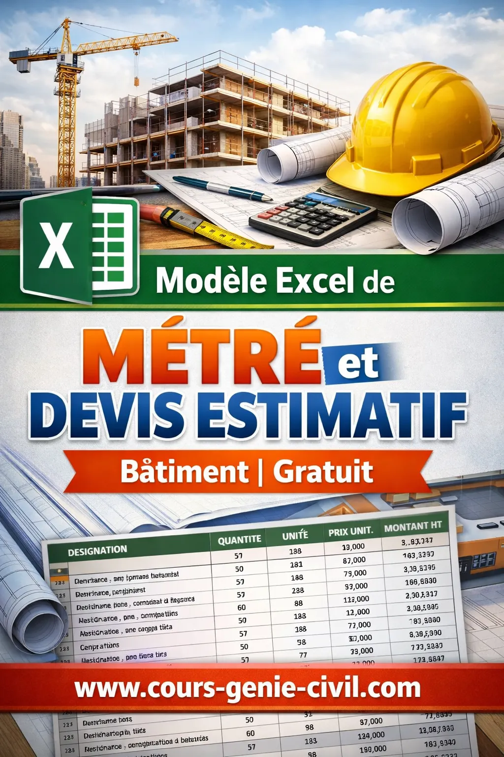 Modèle Excel métré bâtiment avec calculs détaillés de volumes et surfaces.
