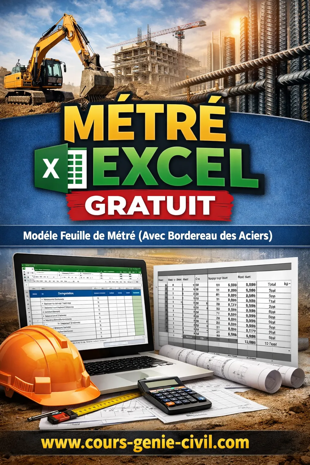 Image illustrative d'un tableau de métrés Excel professionnel pour le ferraillage, montrant des colonnes de désignations d'ouvrages, quantités d'armatures et calculs de poids par diamètre de barres.