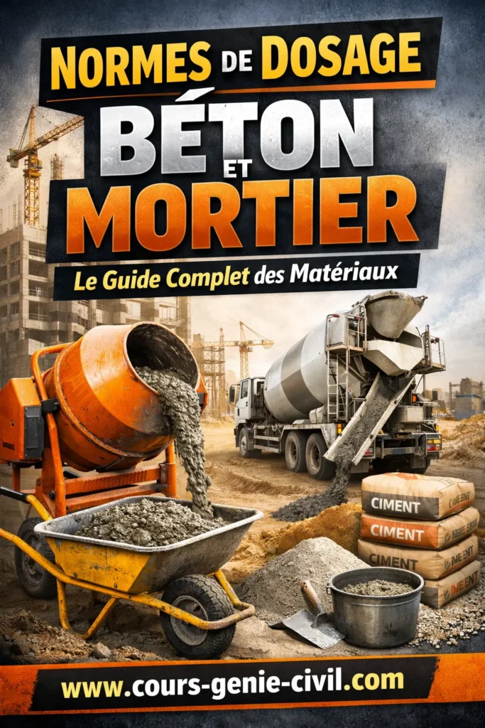 Tableau des normes de dosage béton et mortier avec quantités de ciment, sable et gravier pour différents ouvrages de construction.