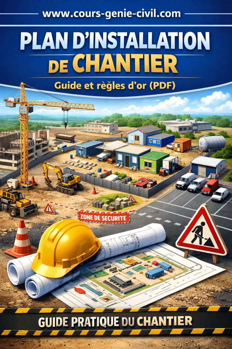 Illustration d’un plan d’installation de chantier montrant la disposition des grues, cantonnements, zones de stockage et voies d’accès sur un site de construction.