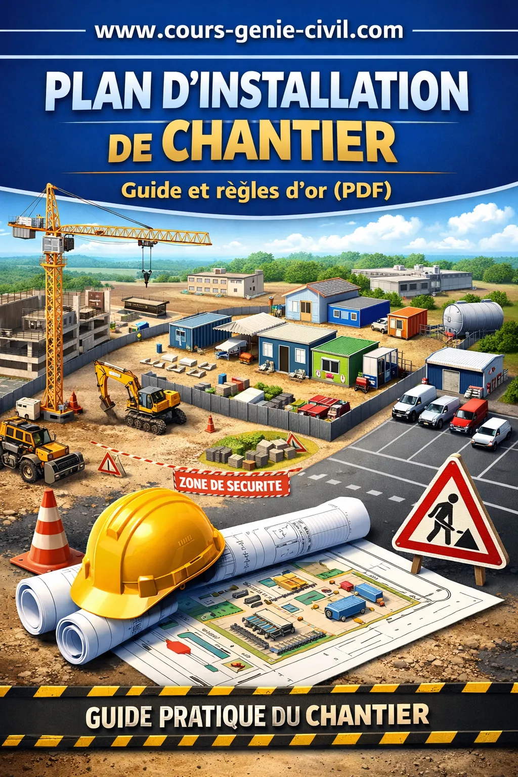 Illustration d’un plan d’installation de chantier montrant la disposition des grues, cantonnements, zones de stockage et voies d’accès sur un site de construction.