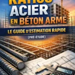 Illustration représentant une structure en béton armé avec armatures visibles, diagrammes de ratios acier-béton et tableaux d'estimation pour le génie civil, style technique moderne et clair.