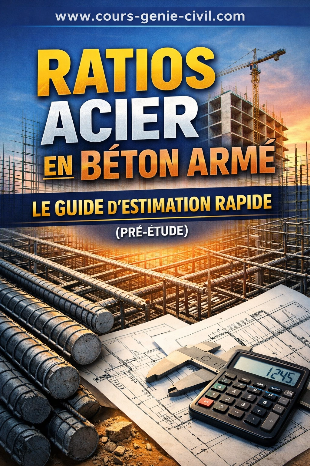 Illustration représentant une structure en béton armé avec armatures visibles, diagrammes de ratios acier-béton et tableaux d'estimation pour le génie civil, style technique moderne et clair.