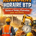 Image illustrant un tableau de rendements horaires BTP avec outils de construction, un chronomètre et un devis sur un chantier ensoleillé, symbolisant productivité et efficacité dans le bâtiment.