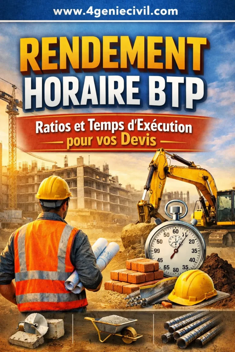 Rendement Horaire BTP : Ratios et Temps d'Exécution pour vos Devis 1 Image illustrant un tableau de rendements horaires BTP avec outils de construction, un chronomètre et un devis sur un chantier ensoleillé, symbolisant productivité et efficacité dans le bâtiment.