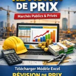 Tableau Excel de calcul de révision de prix avec colonnes mensuelles, coefficients et montants hors taxes.
