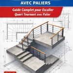 Schéma détaillé d’un escalier quart tournant avec palier intermédiaire montrant trémie, volées de marches, limon et dimensions essentielles.