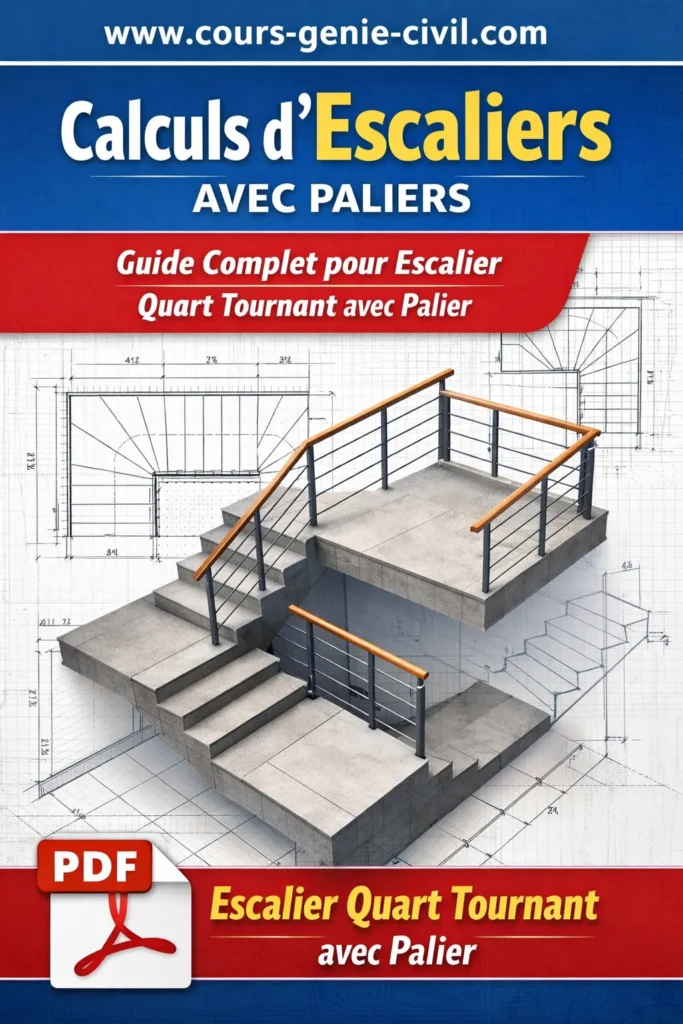 Calculs escalier quart tournant avec palier - Guide visuel complet Schéma détaillé d’un escalier quart tournant avec palier intermédiaire montrant trémie, volées de marches, limon et dimensions essentielles.