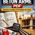 Couverture illustrative pour “Guide Béton Armé PDF : Exercices Corrigés et Formulaire de Calcul” avec carnet de calculs, schémas de poutres en béton armé, formules mathématiques, chantier en arrière-plan et logo www.cours-genie-civil.com.