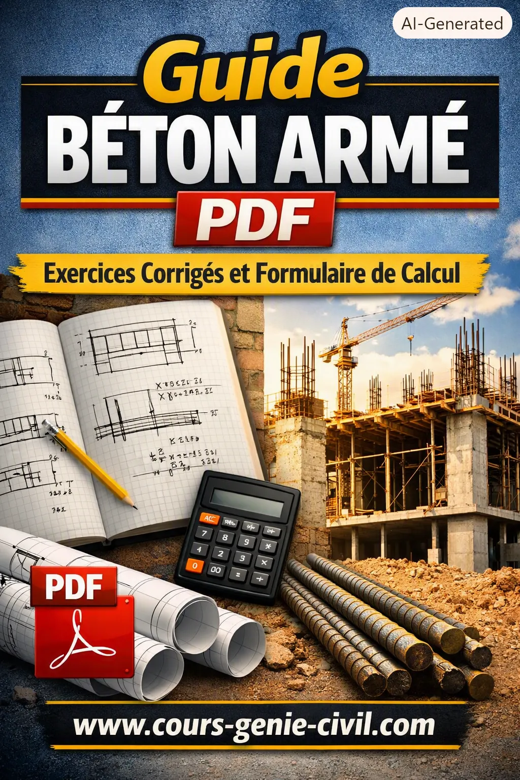 Couverture illustrative pour “Guide Béton Armé PDF : Exercices Corrigés et Formulaire de Calcul” avec carnet de calculs, schémas de poutres en béton armé, formules mathématiques, chantier en arrière-plan et logo www.cours-genie-civil.com.