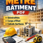 Plan d'architecture de bâtiment avec calculs de métré, poutres et fondations en béton armé, illustrant les techniques de génie civil.