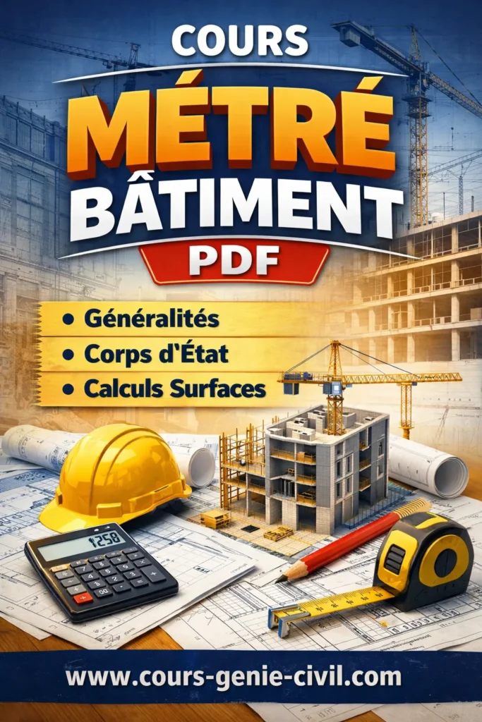 Plan d'architecture de b&acirc;timent avec calculs de m&eacute;tr&eacute;, poutres et fondations en b&eacute;ton arm&eacute;, illustrant les techniques de g&eacute;nie civil.
