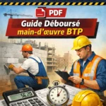 Couverture Pinterest colorée pour “Tableau temps unitaire bâtiment PDF : Guide déboursé main‑d’œuvre BTP” avec ouvriers, calculatrice, chronomètre et logo www.cours-genie-civil.com.